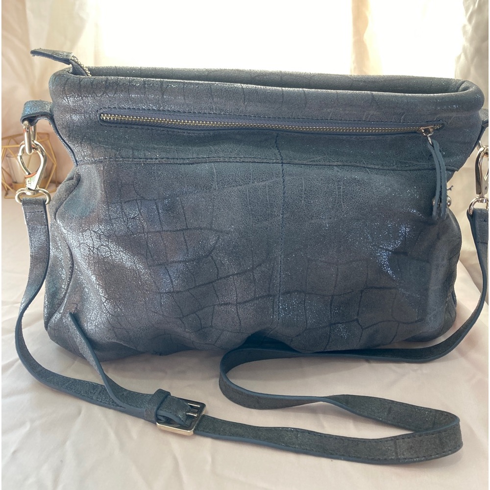 Soltani satchel handbag purse shiny metallic dark grey